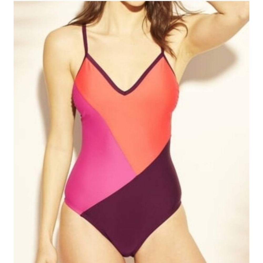 Kona Sol Color Block One Piece Swimsuit Size Large Geometric Pink Orange Burgund